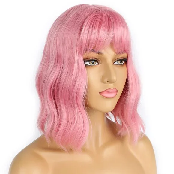 Pink Wig for Women Pastel Wavy Bob with Bangs Shoulder Length Synthetic Hair - Picture 2 of 5